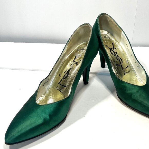 YVES SAINT LAURENT Hunter Green Satin Heels Size 7-1/2B - Picture 2 of 10